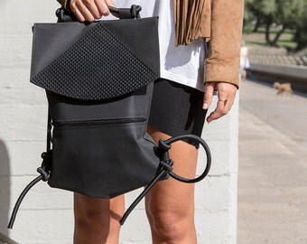 Black Rubber Backpack Shoulder Bag, Vegan Bag for School, Eco Backpack Purse, Handmade Backpack For Women, Festival Bag, Trending Item.