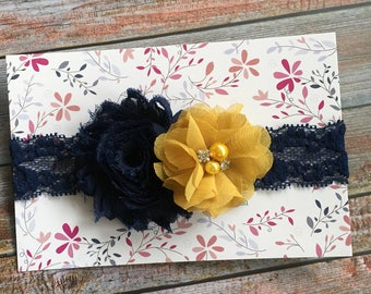 Navy and Mustard Headband, Navy Headband, Baby Girl Headband, Baby Headband, Newborn Headband, Infant Headband, Blue and Yellow, Baby Girl