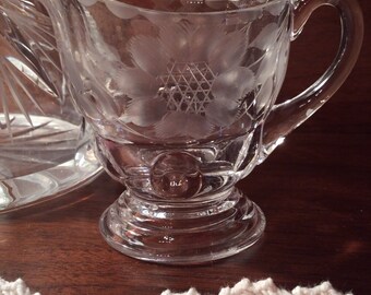 Vintage New Martinsville Moondrops pattern with Hughes CornFlower etching creamer