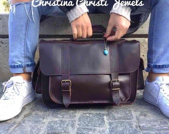 Women Leather Briefcase, Leather Messenger Bag, Leather Laptop Bag, 15'' Laptop Bag, Leather Handbag in Dark Brown Color, Made in Greece.