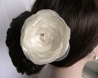 Handmade Ivory Satin & Organza Bridal Hair Flower Hair Clip, Bridal, Wedding (Sparkle-1795)