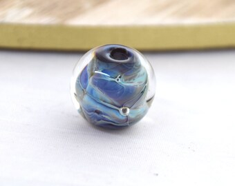 Handmade Blue, Brown, and Ivory Swirl Lampwork Bead. 14mm Blue Lampwork Glass Bead For Jewelry. Blue Swirl Lampwork Focal Bead.