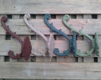Iron Coat Hook or Wall Hook Vintage Rustic Green and Blue