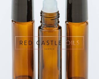 10ml Amber Rollon Bottle with Glass Rollerball Inserts and Black Caps for Essential Oils and Perfumes