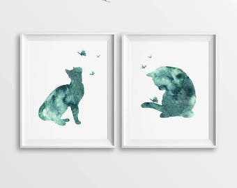 Set of 2 Cat Prints, Prints of Cats, Turquoise Cats, DIY Wall Art, Large Digital Art, Digital Cats Art, Cats Home Decor, Two Cats, Printable
