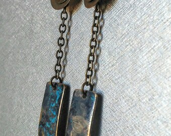 SALE! Brass Bar Earrings / Patina Brass Earrings / Brass & Chain Earrings / Brass Jewelry - Free Shipping!