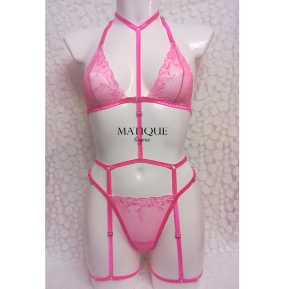 Neon Pink Lingerie Strappy Set Sexy Neon Pink Intimates