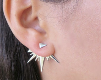 Silver Ear Jacket Earring, Minimalist Ear Cuffs, Geometric Jacket Earring, Silver Stud Earring, Fashion Ear Jacket, Women Trendy Jewelry