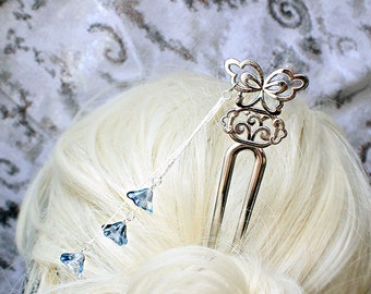 bridal hair jewelry blue wedding butterfly hair fork bridesmaid gifts flower girl gift hair accessories blue gifts bride silver gifts h31