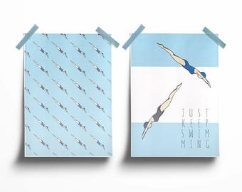 Just keep swimming 2 posters set Mid century Print swimming Scandinavian modern Design sweden Retro poster style Swimsuit Motivation sport