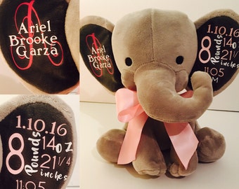 Birth Announcement Stuffed Animal, Personalized Elephant boy or girl