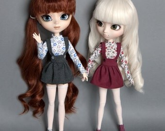 Floral blouse and skirt with braces for Pullip stock, Obitsu 27", Blythe, Dal