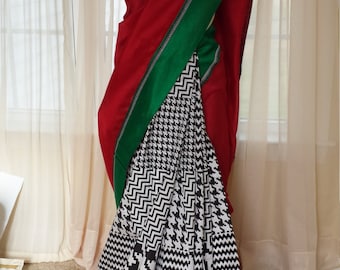 Designer Saree/Indian Silk and Cotton Sarees/Black White Green Red/Embriodery/Trendy Silk Saree blouse/Bolywood Sari/Party wear/Womens Gift