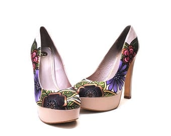 Flora Hand Painted Upcycled Women's Leather and Faux Suede Platform Shoes