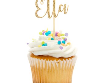 12 CT Personalized Cupcake Topper Name Glitter Cupcake Topper First Birthday Cupcake Topper Pink & Gold Birthday Party Custom Cupcake Topper