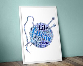 Knitting Custom Word Cloud, word art Instant personalised Print, custom gift for knitter, print gift for mum, digital download word print