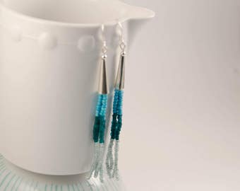Turquoise & Silver Tassle Earrings // Seed Bead Earrings // Gifts For Her