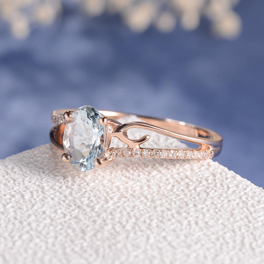 Engagement Ring Rose Gold Aquamarine Women Antique Unique