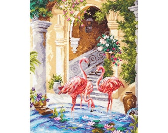 Counted Cross Stitch Kit - Pink flamingos (Wonderful needle) - Birds cross stitch pattern - Flamingos cross stitch - Gift kit