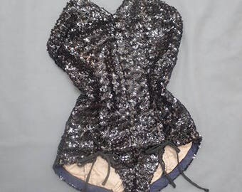 Vintage 1960's Black Sequined Body Basque Corset Sequinned Burlesque Circus Dance Old Hollywood Showgirl