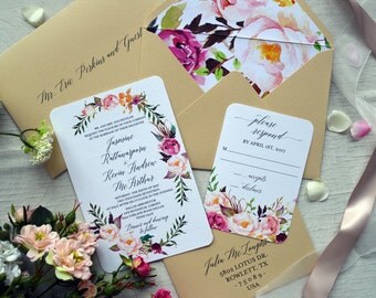 Botánico boda invitación Suite, conjunto de invitación de boda Boho imprimible, acuarela Floral invita, RSVP, plantilla de invitación para imprimir