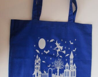 Witch on a Broom, Royal Blue Tote Bag, 100% Cotton