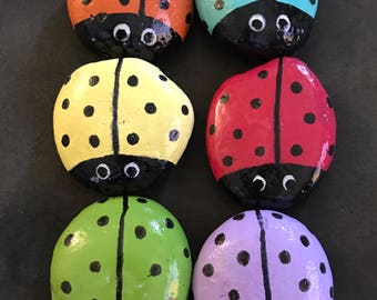 Set: 6 Colorful Ladybug Garden Stones--Painted Rocks-- LESS Than 2.50 Each!