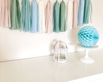 Blue Green Tassel Garland Pastel Tissue Tassel Wedding Tassel Backdrop Boy Baby Shower Bridal Shower Decorations Green Balloon Tassel Tail