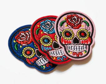 Iron On Patch - Sugar Skull Patch - Sew on Patch - Pink Red Embroidered Patch - Day of the Dead Skull Patch - Skull Patches - Yellow Skull