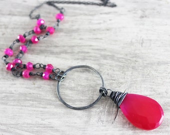 Hot Pink Gemstone Necklace, Magenta Beaded Necklace, Pink Pendant Necklace, Black Oxidized Sterling Silver Necklace, Wire Wrap Necklace
