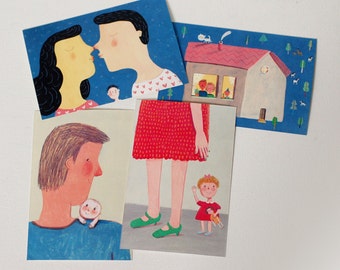 MY FAMILY, 4 postcards, home decor, wall decor, art, illustration