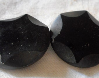 Set of 2 VINTAGE Scallop Edge Black Glass BUTTONS