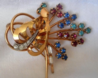 VINTAGE Colorful Rhinestone Flower Bouquet in Gold Filled Costume Jewelry Brooch