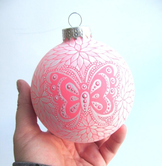 Pink Butterfly: Hand painted glass ornament Large 4 inch ornament painted bauble
