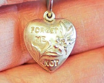 Vintage Sterling Puff Heart Charm FORGET ME NOT - New Old Stock circa 1940
