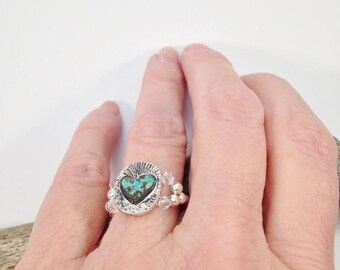 Silver and Turquoise Ring, Heart Women's Ring, Silver Stretch Band Ring, Crystal Ring, Elastic Women's Jewelry, Stretch Band Ring