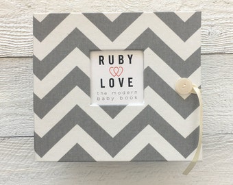 BABY BOOK | Gray Chevron Stripe Baby Book | Ruby Love Baby Memory Book