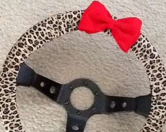 Cheetah leopard print fabric steering wheel cover with bow