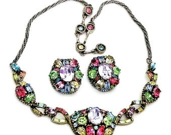 Hollycraft 1955 Pastel Necklace and Earrings Set Demi Parure