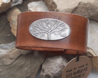 Tree of Life Leather Bracelet, Tree Cuff, White Copper Tree, 7th 3rd Anniversary Gift, Gift for Her Him, Christian Gift, Unique Bracelet