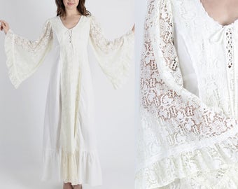 Gunne Sax Dress Boho Dress Wedding Dress Renaissance Dress Angel Sleeve Dress Vintage 70s Dress Lace Angel Kimono Sheer Floral Maxi Dress M