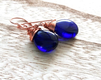Handmade Earrings - Czech Glass Earrings - Cobalt Briolette - Copper Earrings - Wire wrapped - Royal Blue - Drop Earrings - Dangle Earrings
