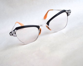 1950s 60s Black & silver rhinestone spectacles / 1960s 50s eyeglasses frames by Bausch and Lomb