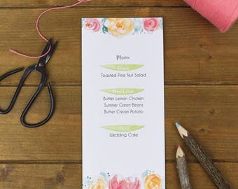 Blush Floral Wedding Menu Cards - Rustic Wedding Menu - Leaves Menu Card - Rustic Spring Wedding Cards - Wedding Menu Template Cards