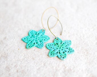 Verdigris Filigree Earrings Turquoise Blue Patina Brass Lace Flower Dangle Earrings Boho Chic Bohemian Style Verdigris Jewelry