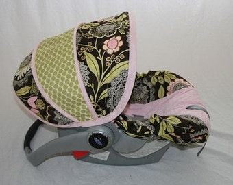 Baby Girl Infant car seat cover-dark brown background with Lacework print and pink minky - Always comes with FREE strap Covers
