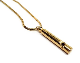 Vintage Whistle Pendant Long Necklace Retro 1980s 80s Gold Tone Square Link