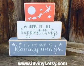 Peter Pan inspired, THINK HAPPY THOUGHTS, baby blocks, Neverland, Boy, Girl, Disney, nursery shelf sitter blocks stacker set-vinyl lettering