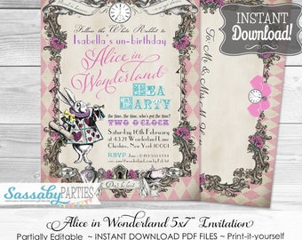 Alice in Wonderland Invitation / Pink Harlequin / INSTANT DOWNLOAD / Partially Editable & Printable / Birthday Party Invite / Tea Party