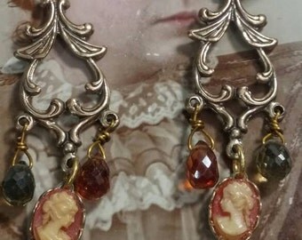 PRETTY LADIES vintage antique cameo assemblage earrings